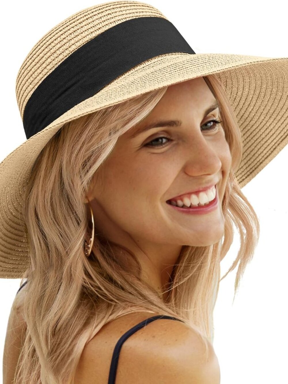Sun Beach Hats for Women,Wide Brim Straw Hats Womens with Chin Strap, Foldable W